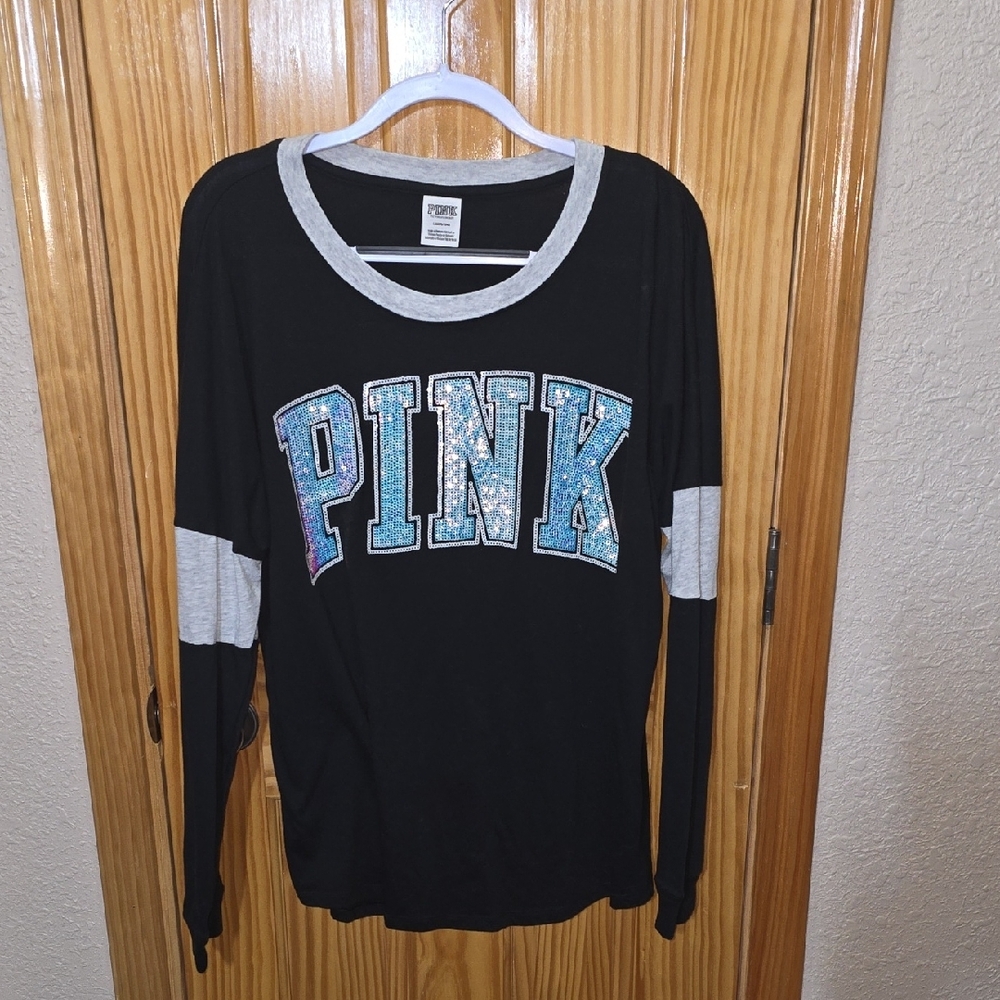 VS PINK - Black Long Sleeve Shirt w Iridescent Bling Logo - Size L